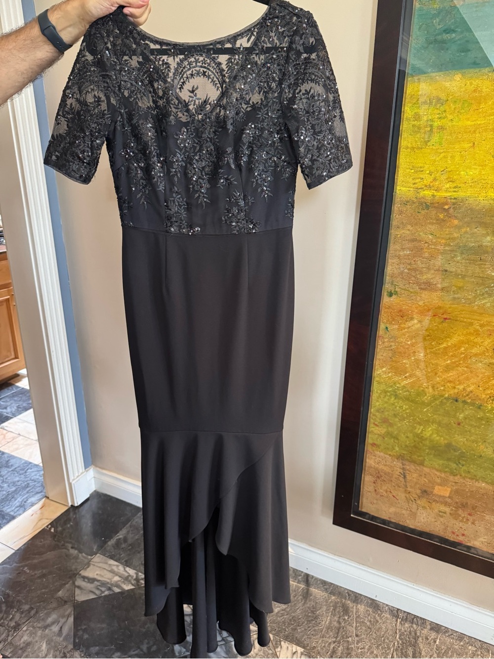 Adrianna Papell Black Sequin High Low Gown
